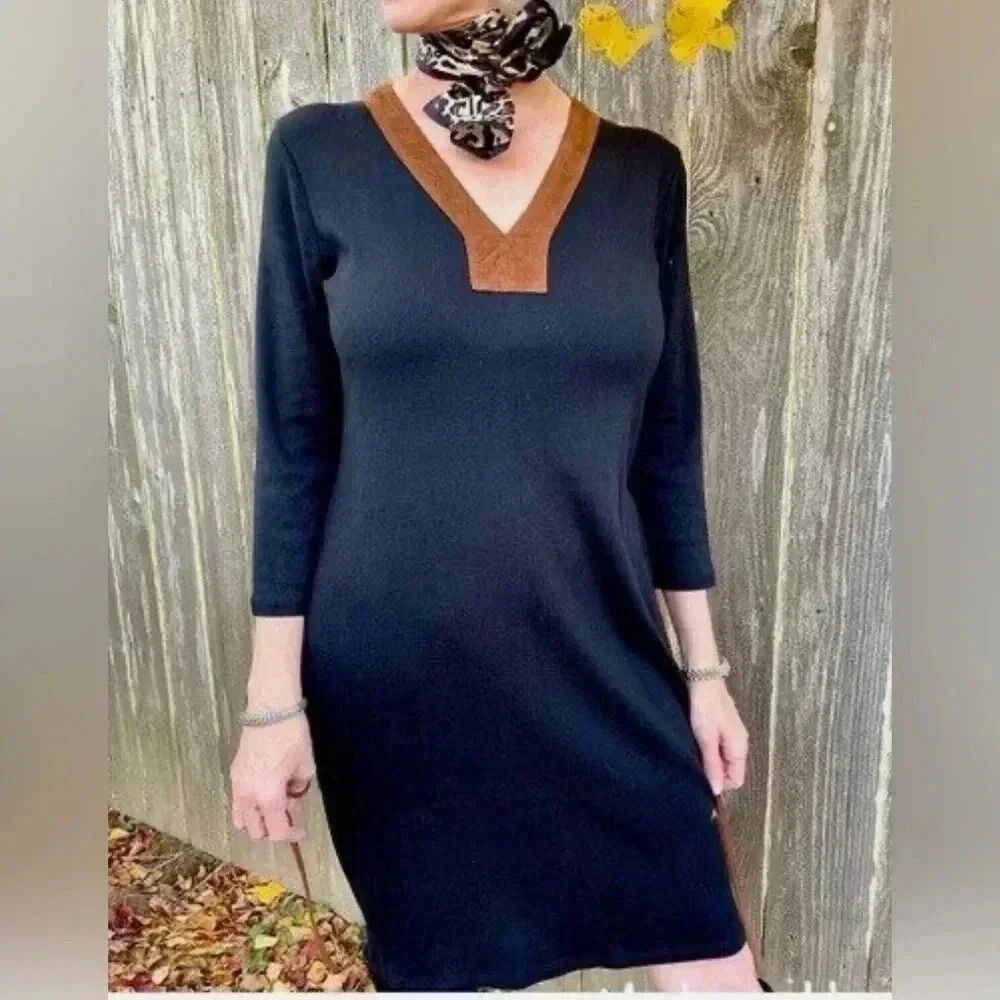 Lauren Ralph Lauren Petite Large Black
V-Neck Tunic Dress 3/4 Sleeve Suede
Trim